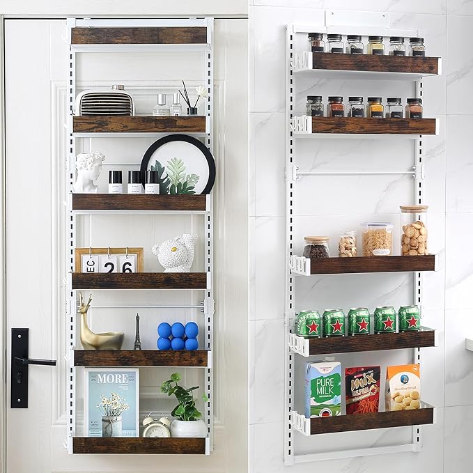 Over-The-Door Organizer – 6-Tier Wooden Pantry Storage Shelf with 12 Hooks, Wall-Mount or Hanging Spice Rack for Kitchen, Bathroom, or Closet