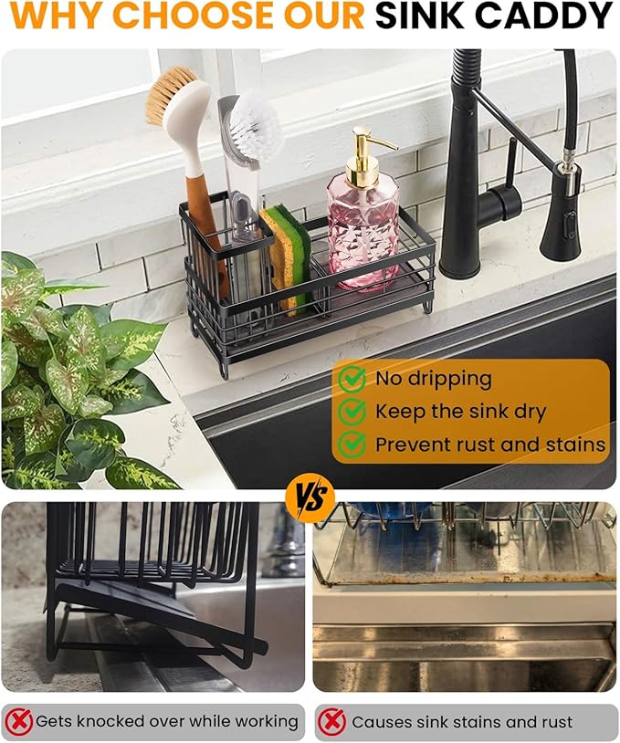 Kitchen Sink Caddy with Water Absorbent Diatomite Stone Sink Tray, Fast Drying Sink Organizer with High Dish Brush Holder Sponge Holder for Kitchen Sink, Stainless Steel