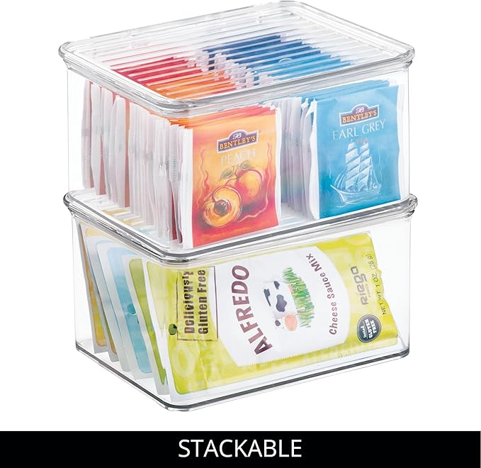 iDesign Plastic Stackable Hinged-Lid Pantry or Kitchen Storage Box - Set of 6 - Clear