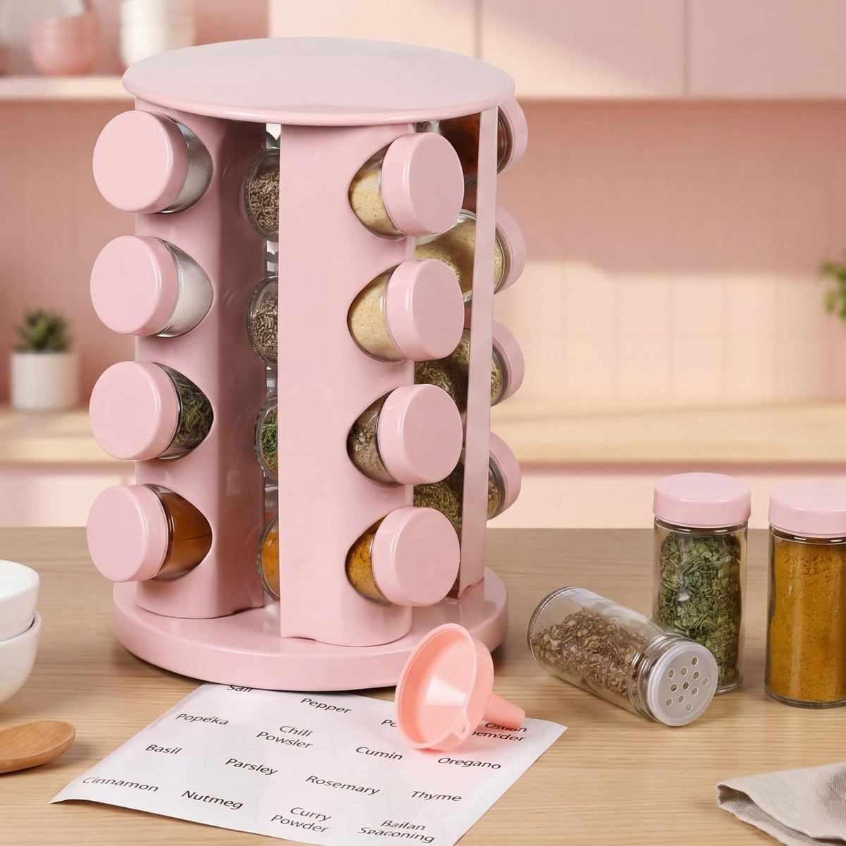 Pink Rotating Spice Rack with 16 Empty Jars and Labels