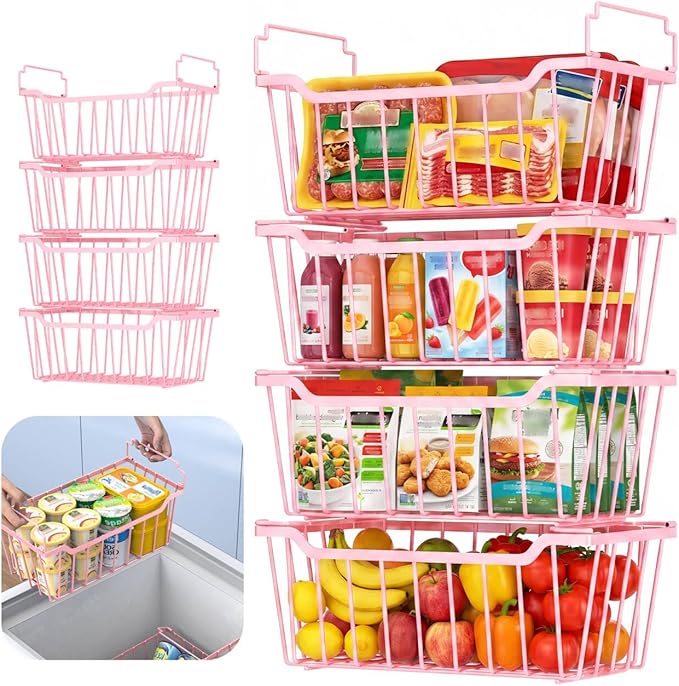 Goovilla Freezer Organizer Bins with Foldable Handle, 8 Pack Stackable Freezer Baskets for 3.5-7 Cu.FT Deep Chest Freezer Organization, Pink Metal Freezer Storage Bins with Better Space Utilization