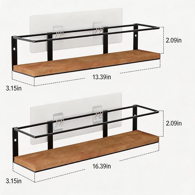 Spice Rack Self-Adhesive or drilling, Rustic Style Hanging Spice Rack, Spice Organization for Cabinet Door or Wall Mount, Over The Stove, Kitchen Wall, 2-Pack
