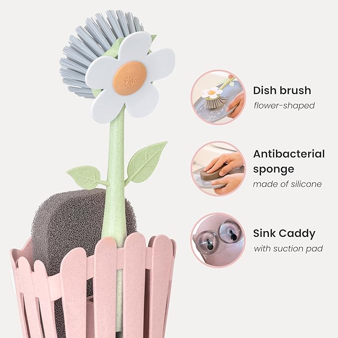 Vigar Florganic Kitchen Sink Caddy Organizer - Dish Sponge Holder with Flower Dish Brush, Suction Cup & Sponge for Kitchen Sink, Decorative Kitchen Sink Accessories Countertop Storage Set - Pink