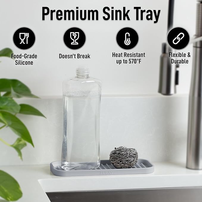 Zulay Kitchen (9x3.5in Sponge Holder for Kitchen Sink - Flexible Heavy-duty Multipurpose Sink Caddy - Counter Organizer for Kitchen, Bathroom, Makeup, Trinkets & More! (Grey)