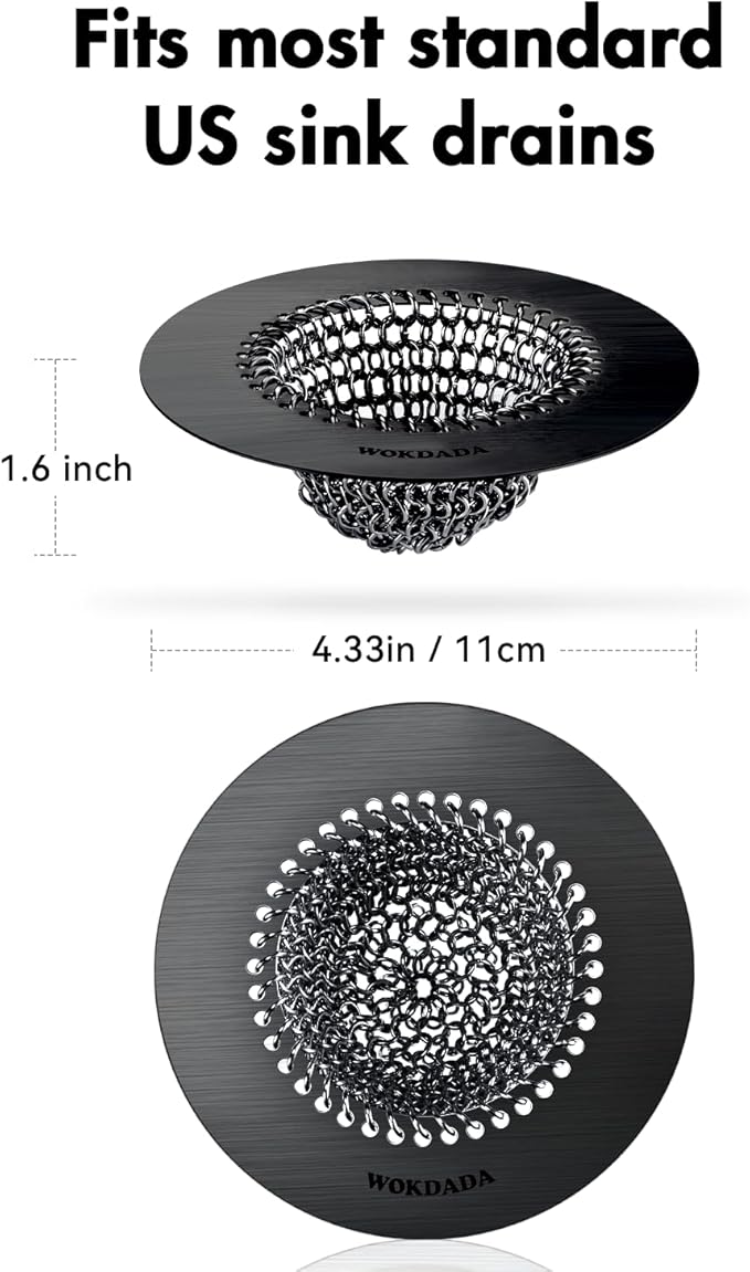 Wokdada Black Kitchen Sink Strainer, Flippable Mesh Sink Drain Strainer, 304 Stainless Steel Sink Screen, Easy Clean Large Basket Strainer, Garbage Disposal Cover Fit for Standard Kitchen Drain