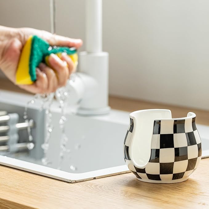 Zoeeker Checkered Sponge Holder for Kitchen Sink, Ceramic Dish Sponge Dish Rack Scrubby Holder Kitchen Organizer Cute Sink Caddy Organizer, Farmhouse Decor, Black and White