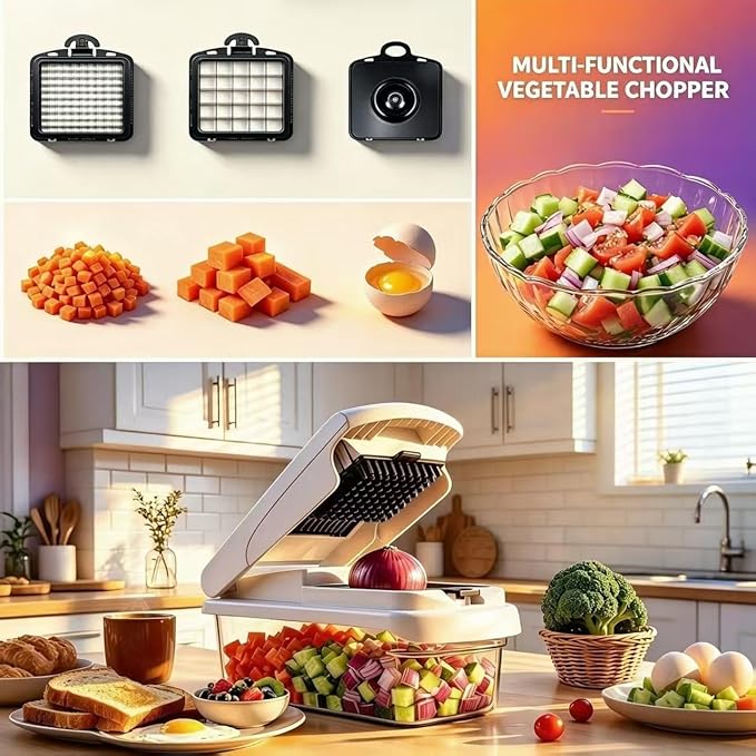 12-in-1 Mandoline Slicer & Vegetable Chopper Pro with Container, Onion Chopper, Potato Cutter, Food Dicer & Grater - Carrot, Garlic, Home Essentials & Gifts (white)