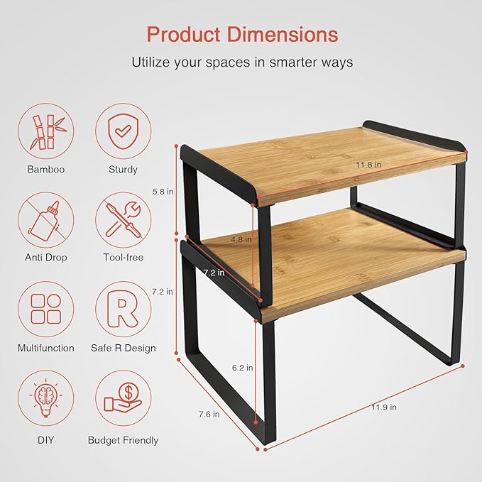 Goozii Cabinet Shelf Organizer Set of 4, Kitchen Counter Shelf Riser for Plates Dishes Cups Mugs Spices, Pantry Cupboard Cabinet Organizers and Storage Shelves Rack Insert for Countertop (Bamboo Wood)