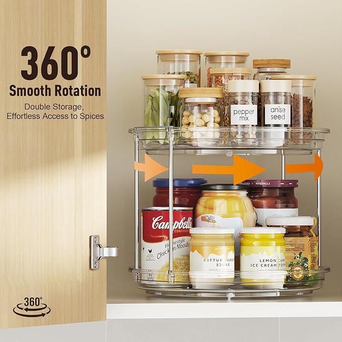 2 Pack 2 Tier Lazy Susan Organizer,10.6 inches Lazy Susan Turntable for Cabinet,Stackable Turntable Organizer Rotating Spice Rack Organization for Kitchen Countertop,Pantry,Bathroom,Clear
