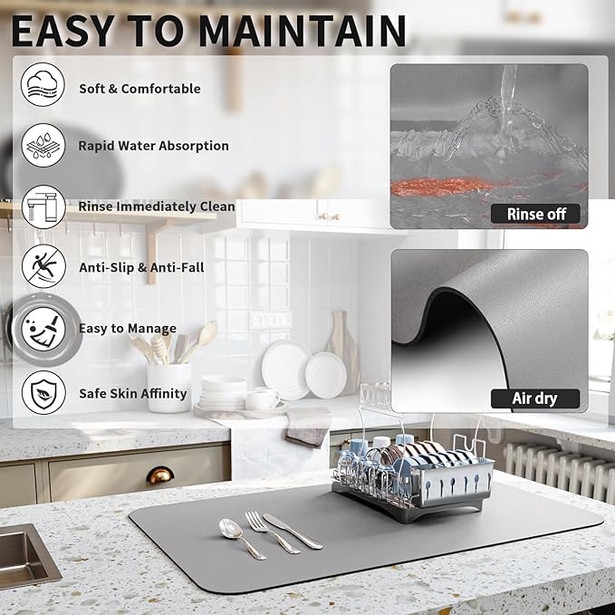 HotLive Dish Drying Mat for Kitchen Counter, Heat Resistant Drainer Mats with Non-slip Rubber Backed, Hide Stain Kitchen Super Absorbent Draining Mat, Easy to Clean Dish Rack Pad, Grey 16"x20"