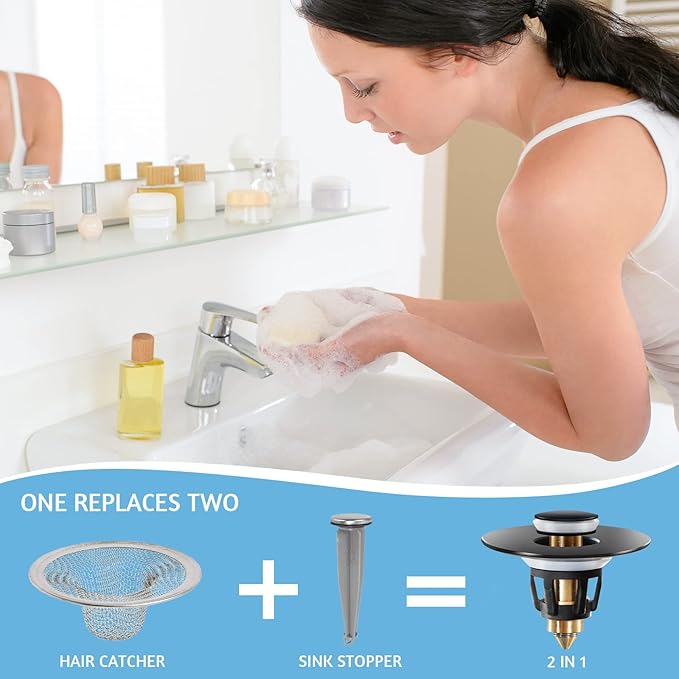QYHNYJF Black Bathroom Sink Stopper – Pop Up Drain Stopper & Sink Strainer, Universal Sink Plug for 1.1" to 1.5" Bathroom Sink Drain Pipes, Matte Black Finish