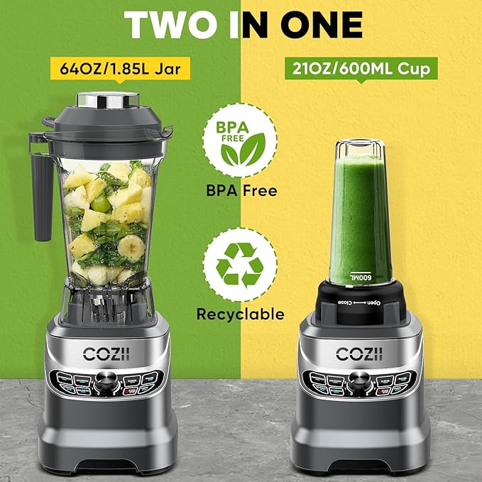 COZII Professional Blenders for Kitchen, 2000W Smoothies Countertop Blender for Ice Crushing/Frozen Drink/Nut Milk, Smoothie Blender with 64oz Pitcher & 21oz To-go Cup, Dishwasher Safe, Dark Grey
