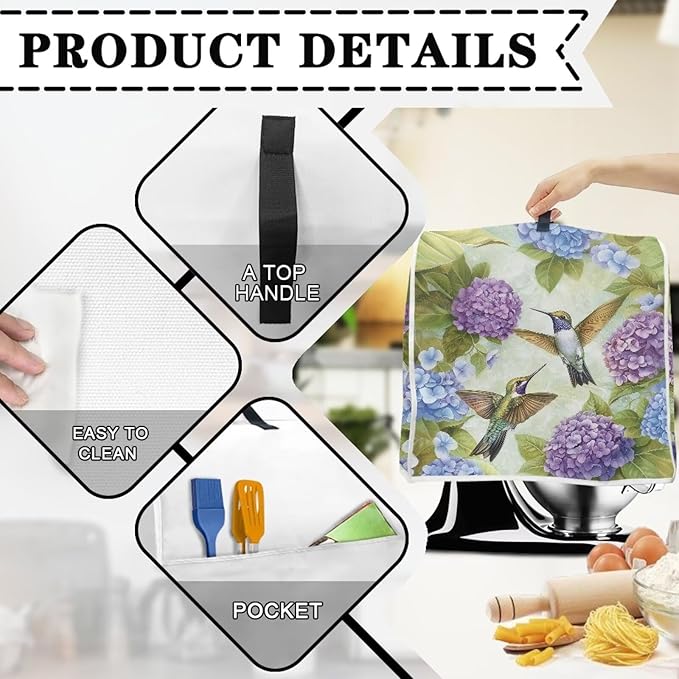 Hummingbird Floral Mixer Covers for Stand Mixer 4.5-5 Qt Easy Clean Kitchen Appliance Dust Cover with Top Handle and Accessory Pocket Oil-Resistant Keep Kitchen Clean and Tidy