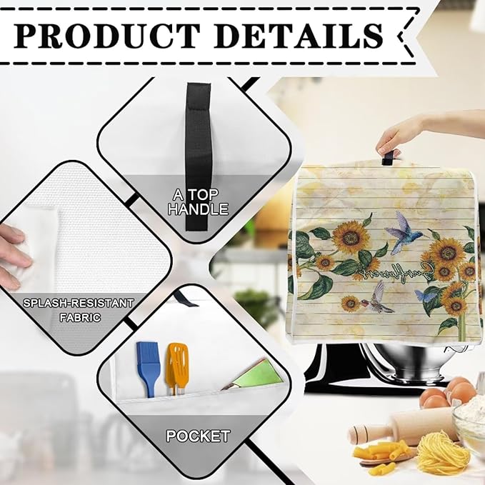 Sunflower Hummingbird Mixer Cover | Portable Dust Protector with Handle & Pockets | 4.5-5 Quart Kitchen Appliance Protector for Home Decor
