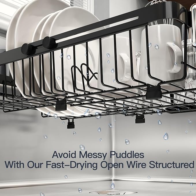 MAJALiS Expandable Stainless Steel Over The Sink Dish Drying Rack for Small Kitchen Counter Space Saving, Compact RV Plate Drainer Strainer in Black Wire Metal with Hanging Adjustable Utensil Holder