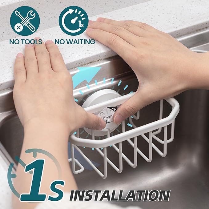 TAILI Sink Caddy with Strong Suction Cup, Sponge Holder for Kitchen Sink Organizer, Removable Sponge Caddy Inside Sink, Rustproof Aluminum Holder for Sponges, Brushes - White