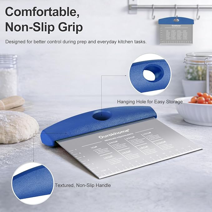 Ourokhome 2 Pack Bench Scraper Dough Cutter, Stainless Steel Dough Scraper with Laser-Etched Scale, Conversion Chart, Non-Slip Handle, Dishwasher Safe for Bread & Pastry, Blue