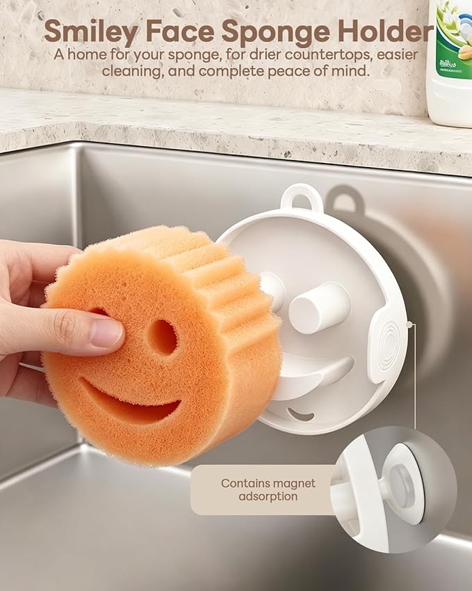 Sponge Holder for Kitchen Sink, Food-Grade Silicone Sponge Caddy with Strong Magnet, 3-in-1 Self-Draining Sink Organizer, Fast Drying & Space Saving, Cream White