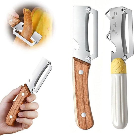 Multifunctional Vegetable Peeler, 2 in 1 Stainless Steel Peeler, Ultra-Sharp Stainless Steel Blade with Wooden Handle and Bottle Opener for Vegetables or Fruits, Kitchen Tool (Wooden+Cute)