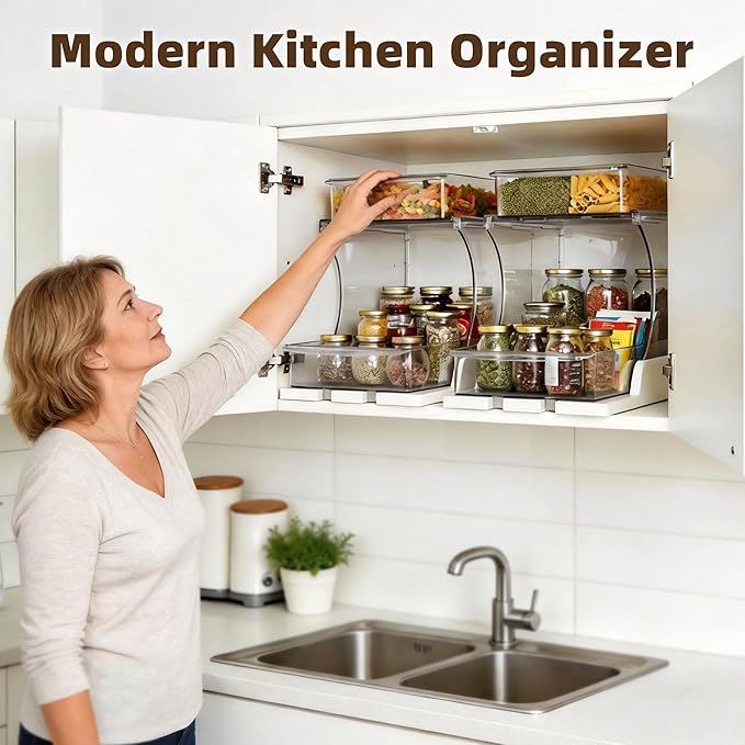 Spice Rack Organizer for Cabinet, 2 Tier Countertop Shelf Organizer with Pull Out Rotating Bottom Shelf, Acrylic Kitchen Spice Organizer for Pantry, Counter and Cabinet Storage