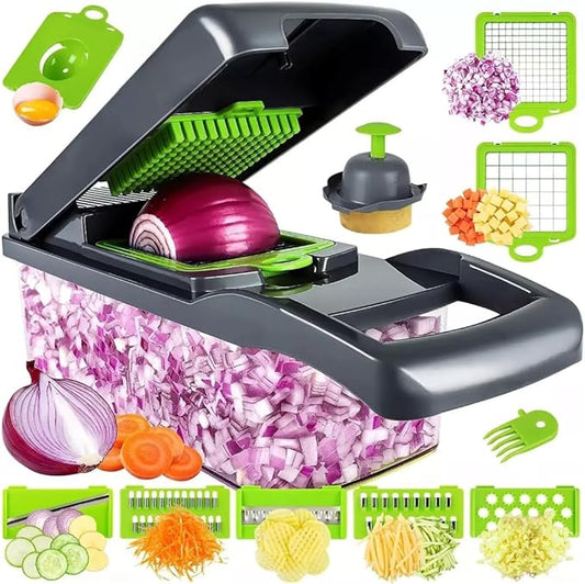 14-in-1 Vegetable Chopper and Onion Slicer, Mandolin Slicer with Container, Multi-Functional Food Dicer, Gray, Stainless Steel Blades