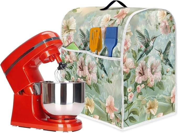 Floral Hummingbird Foldable Portable Mixer Cover | Dust Protector with Handle & Pocket | 6-8 Quart Kitchen Appliance Protector for Home Decor