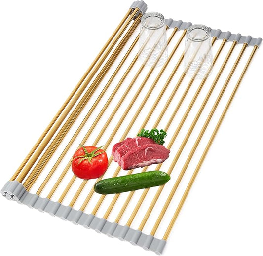 Extra Large Golden Roll-UP Dish Drying Rack-Stainless Steel Dish Drainer Over