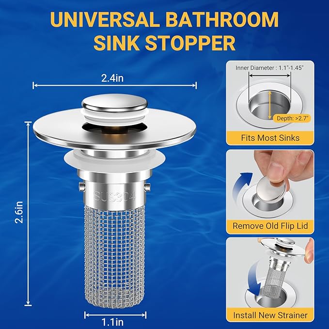 Bathroom Sink Drain Strainer, Pop-Up Bathroom Sink Stopper with Removable Stainless Steel Hair Catcher Basket, Universal Fit for US Bathroom Sinks, Showers & Floor Drains (3pcs)