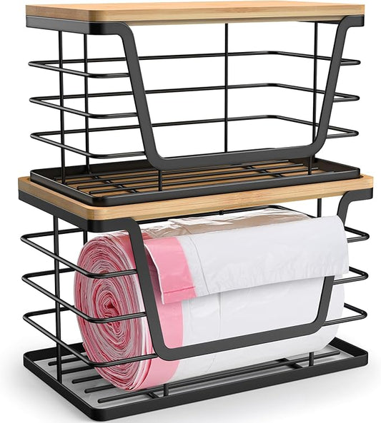 2 Pack Storage Stackable Kitchen Laundry Organizers with Bamboo Top