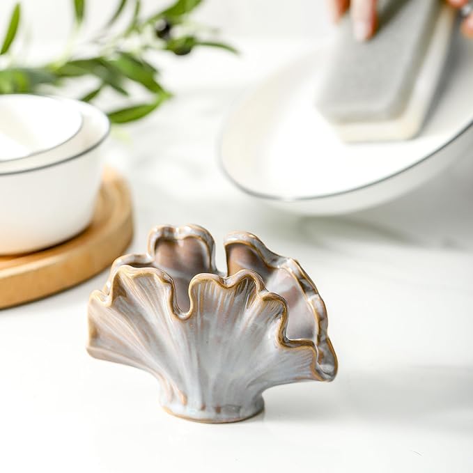 Uiddo Ceramic Sponge Holder,Sponge Holder for Kitchen Sink,Compact Sink Caddy Organizer-Scouring Pad and Dish Holder,Farmhouse Kitchen Decor Cute Gadgets Accessories(Brown Grey)