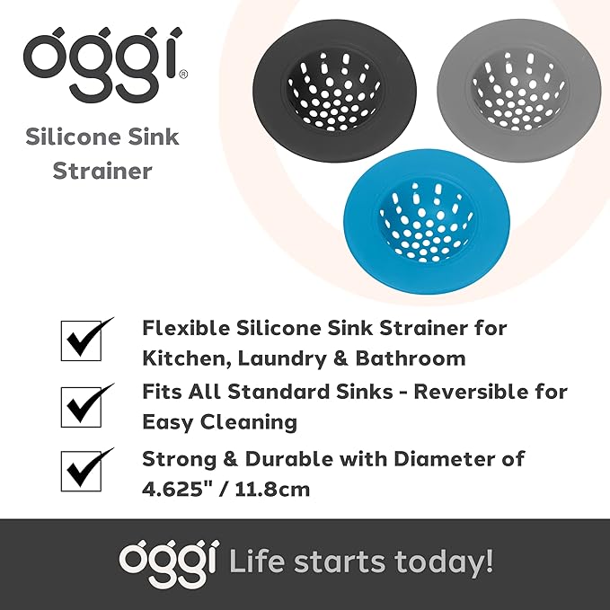 OGGI Silicone Sink Strainer- Great Kitchen Sink Strainer, Sink Drain Strainer, Drain Stopper, Sink Plug, 4.6˝ Diameter Rim, Black