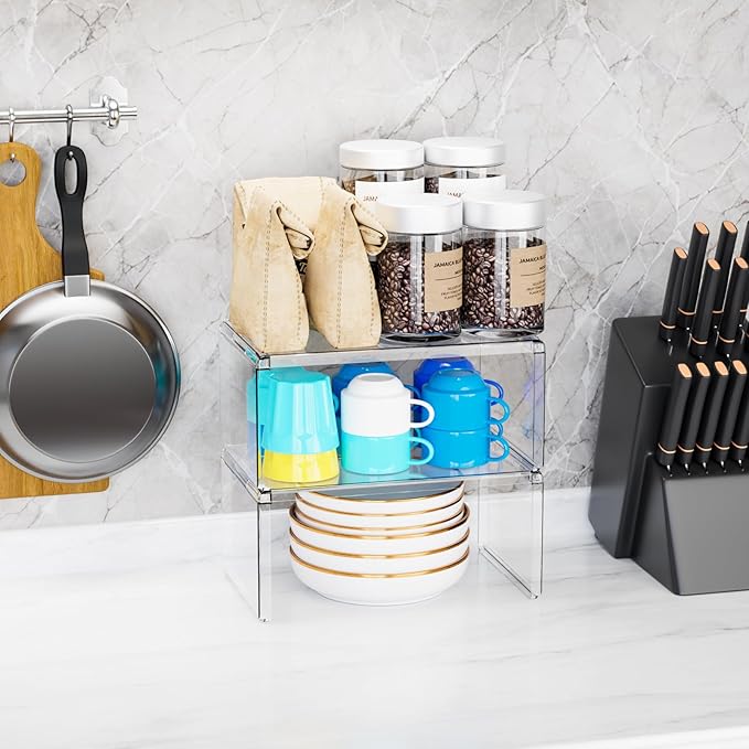 Yieach 4 Pack Acrylic Cabinet Organizer,2 Tier Stackable Shelves for Cabinets,RV Pantry Organization,Counter Space Saver Desk Organizers,Cupboard Shelf and Cabinet Stand & Risers for Mug,Cup,Dish