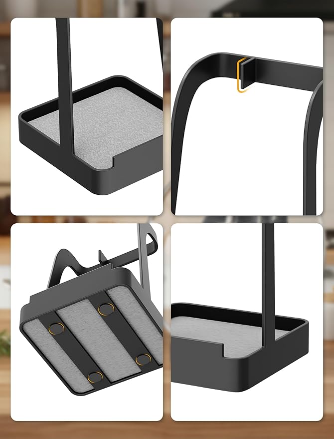 NiHome Upgraded Pot Lid and Spoon Rest with Diatomite Absorbent Tray & Silicone Anti-Slip Pad – Sturdy Metal Frame, Multifunctional Ladle Holder for Kitchen Countertop, 3.9"x3.9"x6" (Black)