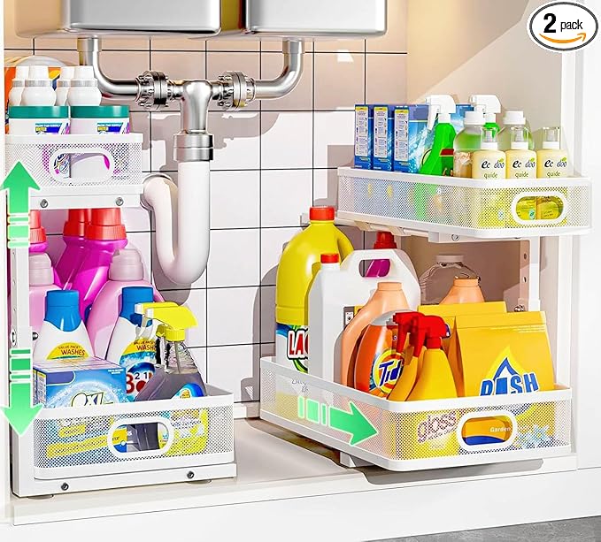 Under Sink Organizer 2 Pack, High Adjustable 2 Tier Under Sink Organizers and Storage, Slide out Metal Cabinet Organizers, Pull out Storage Drawer Shelf for Kitchen Bathroom Cabinet
