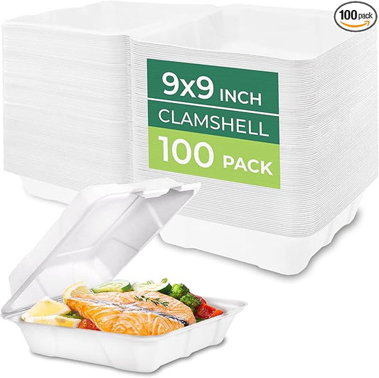 Clamshell Food Containers with Lids [9x9" 100-Pack] Disposable To Go Containers
