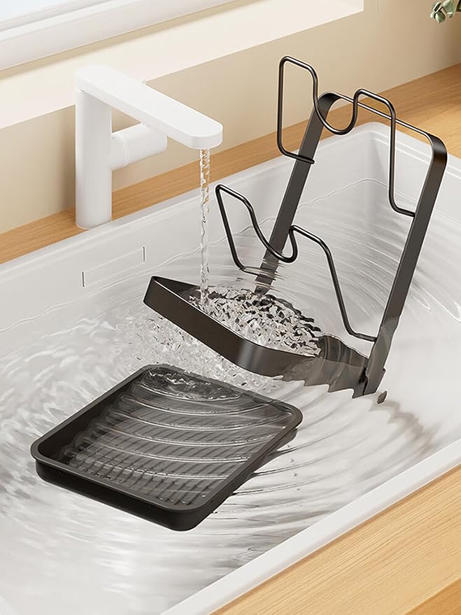 Pot Lid Holder Organizer, Carbon Steel Kitchen Pot Lid Rack with Drip Tray, Pre-Assembled Lid Storage Organizer, Dishwasher Safe Utensil Rest for Countertop Stovetop Cabinet