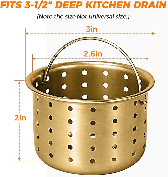 Deep Sink Strainer Basket – Fits Standard 3-1/2" Kitchen Drains – Gold Stainless Steel Removable Strainer with 30 Disposable Mesh Bags – Makes Cleaning Food Debris Quick & Easy