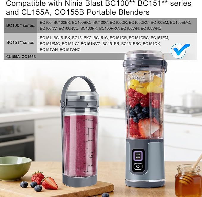 Ninja Blast Accessories 3pcs - Replacement Parts 18oz Blending Vessel Cup & Vessel Cap & Sip Lid with Carry Handle, Compatible with Ninja Blast Portable Blender BC100 Series and BC151 Series Grey