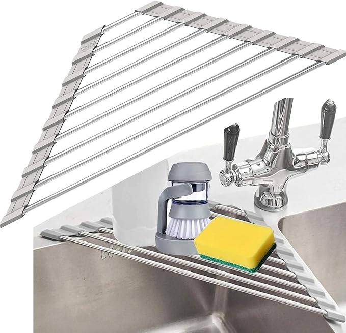 Triangle Dish Drying Rack for Sink Corner Roll Up Folding Stainless Steel Multipurpose Over The Sink Dish Drainer Mat for Kitchen (Grey)