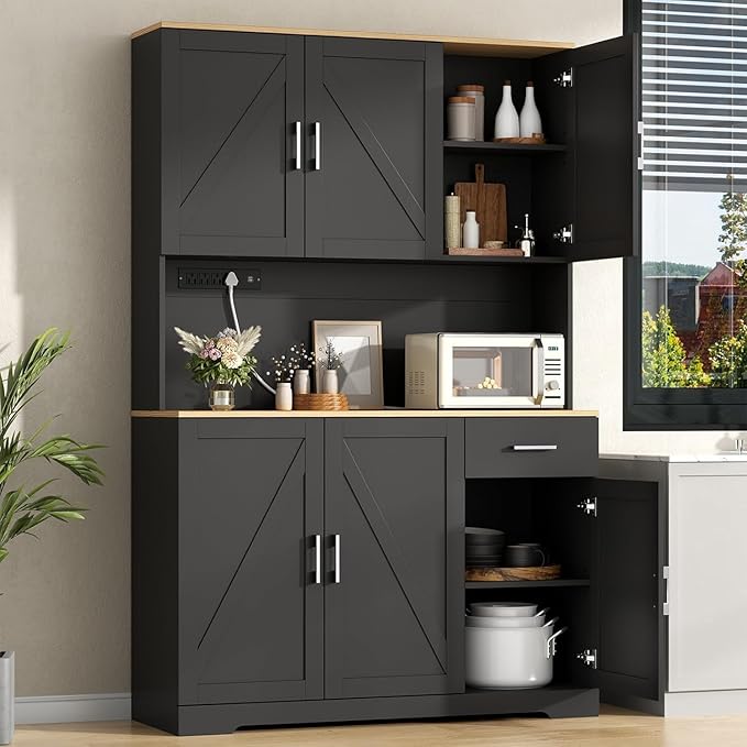 71" Pantry Cabinet,Kitchen Pantry Storage Cabine with Power Outlet,Farmhouse Kitchen Hutch Pantry Cabinet, Tall Hutch with Adjustable Shelf & Door,Food Pantry Storage for Dining Room,Kitchen (Black)