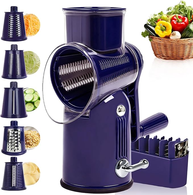 Rotary Cheese Grater with Handle, Vegetable Shredder with 5 Replaceable Blades & Strong Suction Base, Round Food Slicer & Chopper for Kitchen Fruit Vegetables Nuts with Blade Storage Box (Purple)