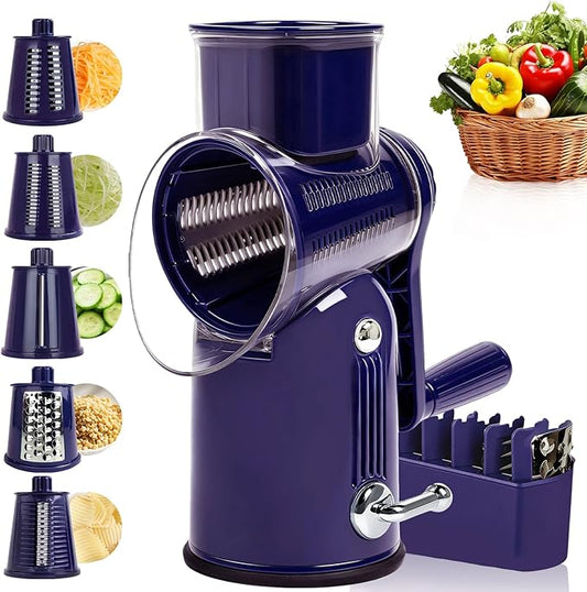 Rotary Cheese Grater with Handle, Vegetable Shredder with 5 Replaceable Blades & Strong Suction Base, Round Food Slicer & Chopper for Kitchen Fruit Vegetables Nuts with Blade Storage Box (Purple)