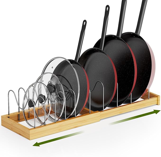 Tomorotec Bamboo Pot Lid Holder with Adjustable Stainless Steel Dividers, Expandable Rack Organizer for Kitchen Drawers, Cabinets, Countertops, Space-Saving Storage for Lids, Pans, Trays, Cookware