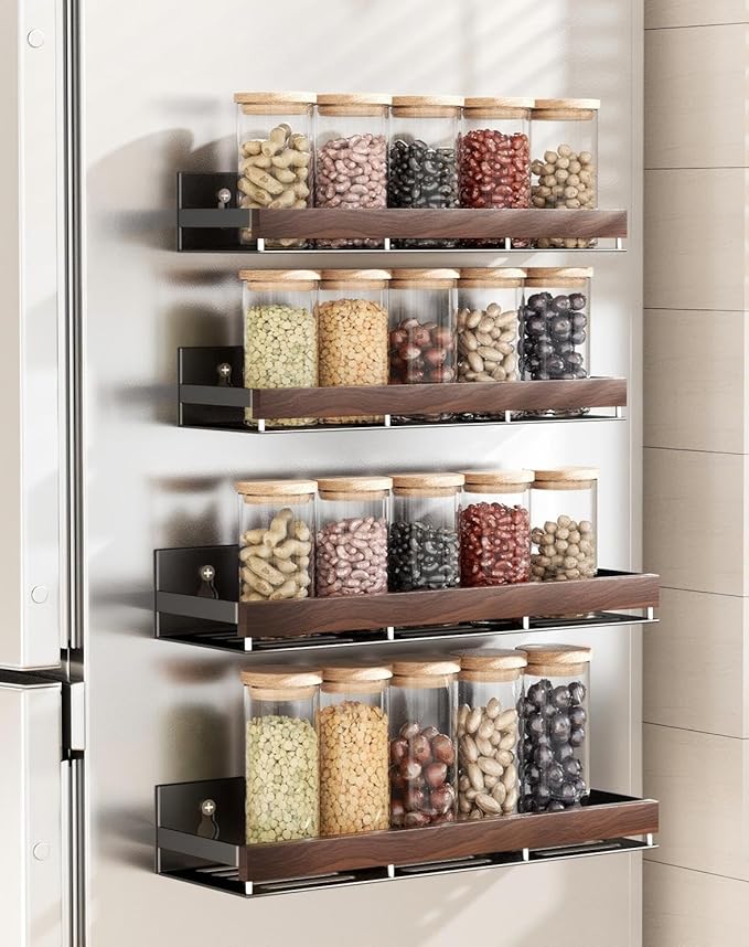 Walnut Magnetic Spice organizer for Refrigerator Wall Mount Spice Rack Magnetic Fridge Shelf Spice Jar Seasoning Organizer (Walnut 4 Pack)