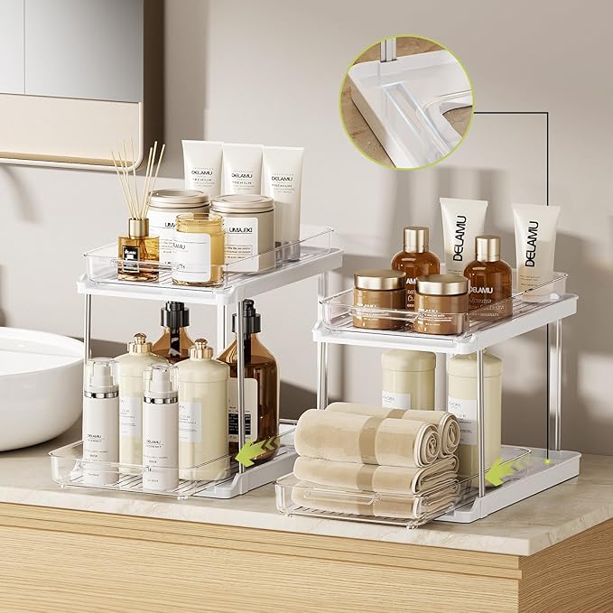Delamu 2-Tier Bathroom Under Sink Organizers and Storage, Pull Out Cabinet Drawers with Anti-Slip Design, Multi-Purpose Storage for Kitchen, Pantry, Bathroom & Home Organization, White, 4 Pack