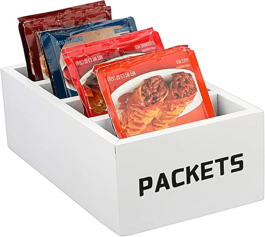 BSTKEY Seasoning Packet Organizer, Food Packet Storage Organizer with 4 Compartments, White Wooden Storage Caddy for Kitchen Pantry Cabinet
