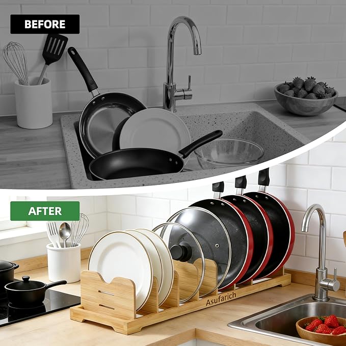 Pots and Pans Organizer Under Cabinet, Cutting Board/Baking Sheets Storage Rack, Adjustable Bamboo Pot Lid Holder, Pot Lid Organizer Inside Cabinet, Pot and Pan Organizers(Natural)
