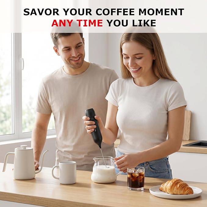 Bonsenkitchen Rechargeable Milk Frother Handheld, Electric Foam Maker with Stainless Steel Whisk, Charging USB-C, Portable Hand Wand Drink Mixer for Coffee Matcha Lattes Cappuccino, Kitchen Gifts
