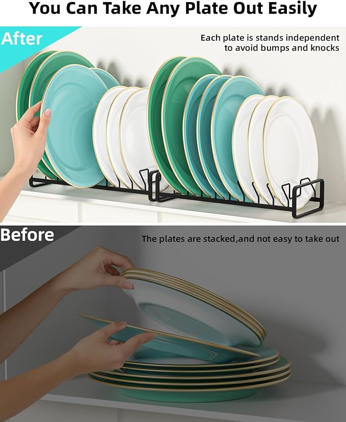 Plate Organizer for Cabinet (2-Pack),Kitchen Dish Rack Organizer for Cabinet Countertop Drawer Space Saver，8 Slots Vertical Plate Holder Storage Rack, Housewarming Kitchen Gifts for Women (Black)