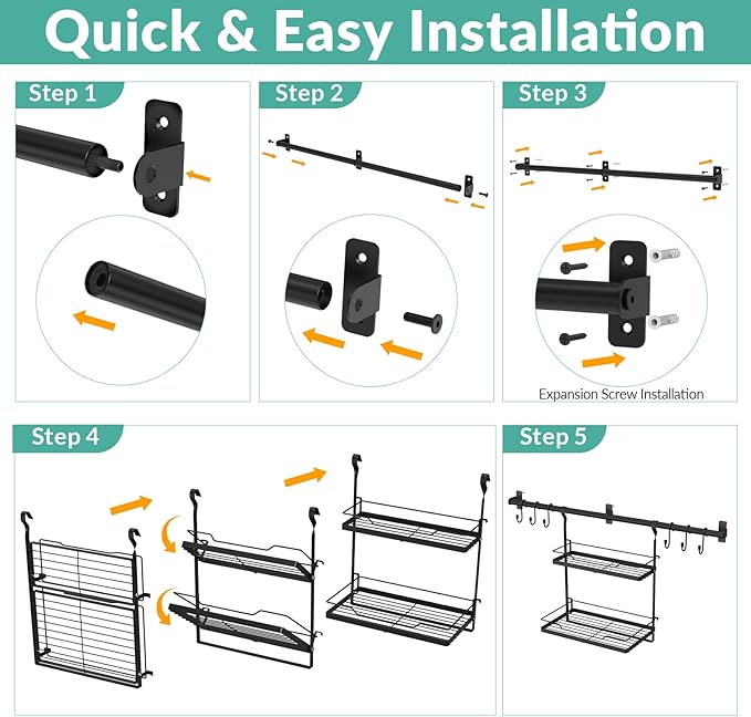 NADAMOO Spice Rack Wall Mount, 2-Tier Storage Shelf with Towel Bar, Utensil Hanger with Hooks for Kitchen, Bathroom, Pantry, Laundry, Matte Black Heavy Duty Metal Organizer